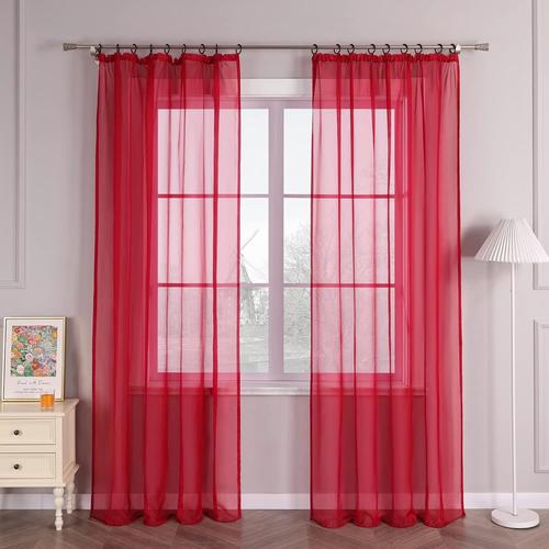 1 Pièce Rideau Voilage Uni Avec Galon Fronceur Installation Facile Transparent Décoration Pour Fenêtre De Salon Chambre À Coucher Simple Et Naturel Rouge H/L 260/145cm