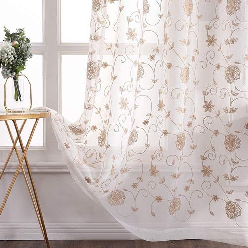 Lot De 2 Voilages À Oeillet Moustiquaire Broderie Decoration Voile Rideaux De Fenêtre En Polyester Motifs De Fleur Décoratives Pour Salon Chambre Enfant Bébé Bureau Marron 140 X 225cm L X H