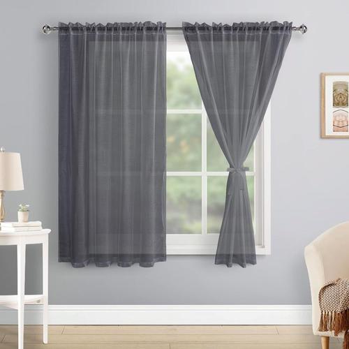 Lot De 2 Voilages Transparents Passe-Tringle Pour Salon, Chambre D'enfant, Chambre À Coucher, Gris Foncé, 160 X 140 Cm (H X L)