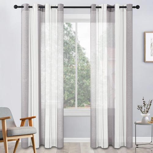 2 Pièces De Rideaux Voilage Blanc Et Gris Noir 140x225 Cm Fils Teints Rayé À Oeillets Rideau Cuisinetamisant Élégant Pour Porte-Fenêtre Décoration De Salon Chambre Baie Vitrée