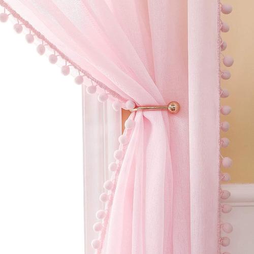 Rideau Voilage À Pompons-Voilage Rose A Oeillets Lot De 2 (2xl140 X H 260 Cm), Beaux Rideaux Décoratif Chambre Bebe Fille, Voilage Fenetre Intérieurs Salon, Rideau Enfant Avec Boule Peluche