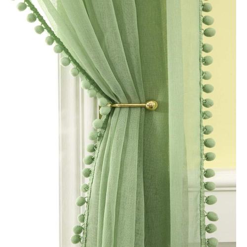 Rideau Voilage À Pompons-Voilage Vert A Oeillets Lot De 2 (2xl140 X H 225 Cm), Beaux Rideaux Décoratif Chambre Bebe, Voilage Fenetre Intérieurs Salon, Rideau Enfant Avec Boule Peluche