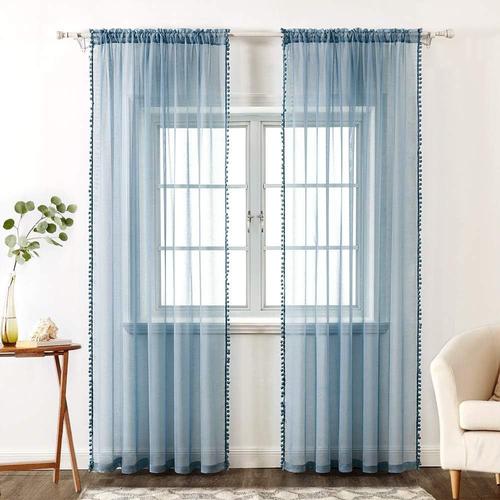 Rideau Voilage À Pompons-Voilage Bleu A Oeillets Lot De 2 (2xl140 X H 260 Cm), Beaux Rideaux Décoratif Chambre Bebe, Voilage Fenetre Intérieurs Salon, Rideau Enfant Avec Boule Peluche