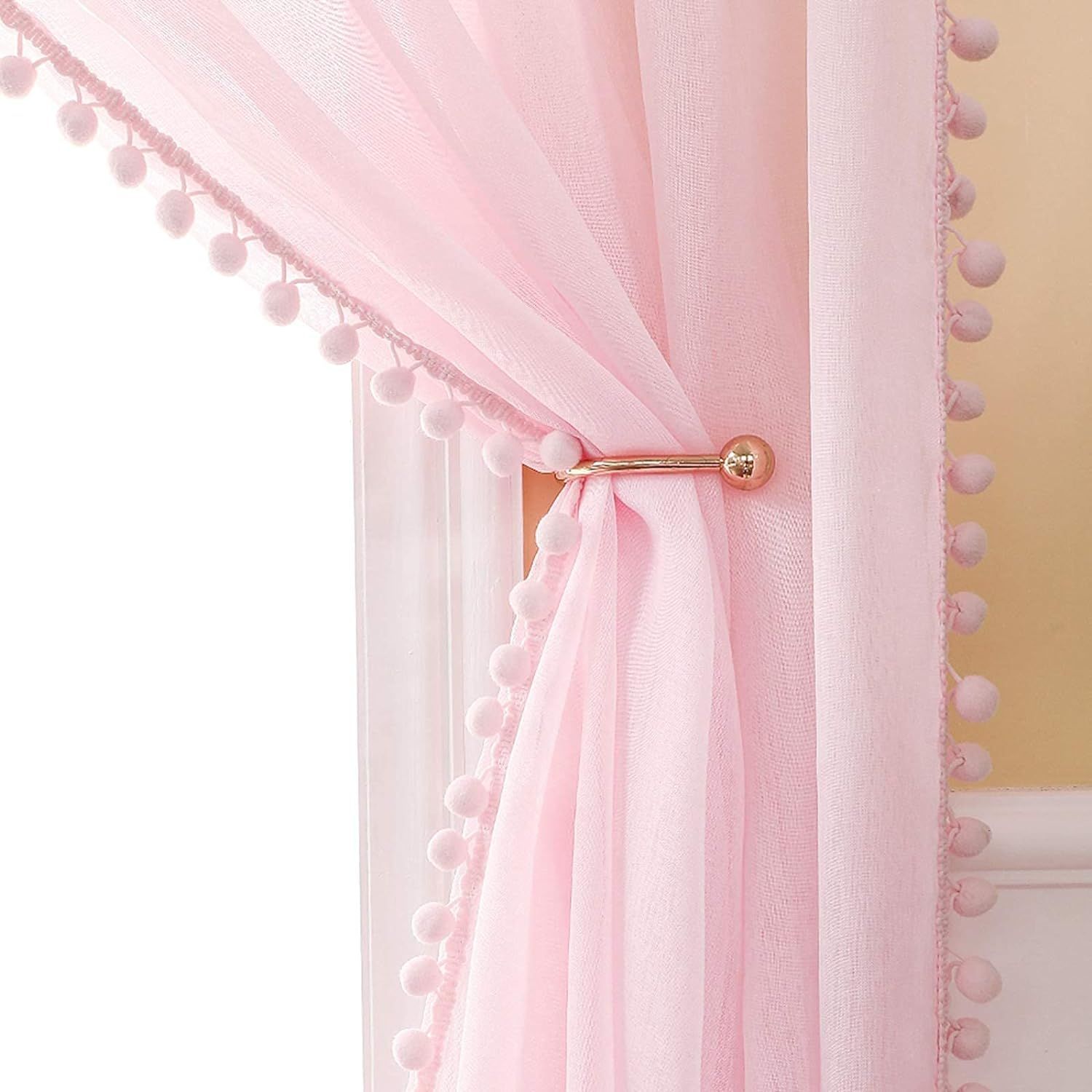 Rideau Voilage À Pompons-Voilage Rose A Oeillets Lot De 2 (2xl140 X H 280 Cm), Beaux Rideaux Décoratif Chambre Bebe Fille, Voilage Fenetre Intérieurs Salon, Rideau Enfant Avec Boule Peluche