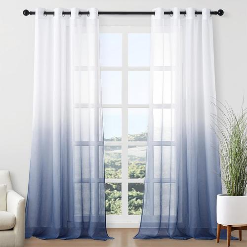 2 Panneaux Rideaux Voilages Intérieurs Blanc Et Cowboy Bleu Dégradée, Fenêtre Draperie Moderne À Oeillet Semi-Transparent Pour Fenêtre Salon Douche Chambre Fille 140x245cm(L X H)