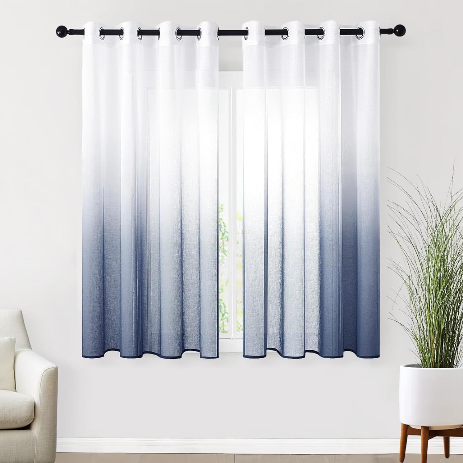 2 Panneaux Rideaux Voilages Intérieurs Blanc Et Cowboy Bleu Dégradée, Fenêtre Draperie Moderne À Oeillet Semi-Transparent Pour Fenêtre Salon Douche Chambre Fille 140x160cm(L X H)