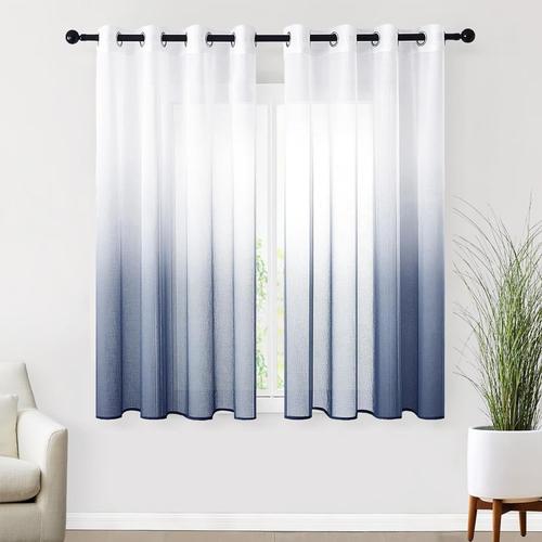 2 Panneaux Rideaux Voilages Intérieurs Blanc Et Cowboy Bleu Dégradée, Fenêtre Draperie Moderne À Oeillet Semi-Transparent Pour Fenêtre Salon Douche Chambre Fille 140x145cm(L X H)