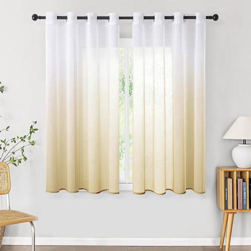 2 Panneaux Rideaux Voilages Intérieurs Blanc Et Beige Dégradée, Fenêtre Draperie Moderne À Oeillet Semi-Transparent Pour Fenêtre Salon Douche Chambre Fille 140x145cm(L X H)