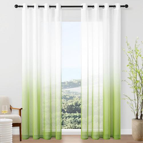 2 Panneaux Rideaux Voilages Intérieurs Blanc Et Vert Dégradée, Fenêtre Draperie Moderne À Oeillet Semi-Transparent Pour Fenêtre Salon Douche Chambre Fille 140x225cm(L X H)