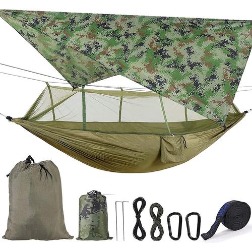 Hamac Avec Moustiquaire, Ultralight Étanche Nylon Portable Hammack Bâche Tente Tissu De Pique-Nique, Hamac Suspendu Avec Sangles D'arbre Pour L'extérieur/Randonnée/Voyage (Armygreen+Camo)