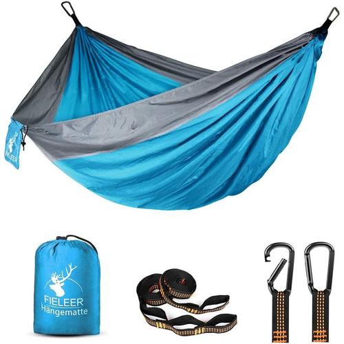 Fieleer Hamac Double Ultra-Léger De Voyage Camping | Avec Mousquetons De Qualité & Sangles 2,5cm De Large Avec 6 Élingues | 300x200cm, Charge Max 300kg, Nylon De Parachute | Pour Randonnée Jardin