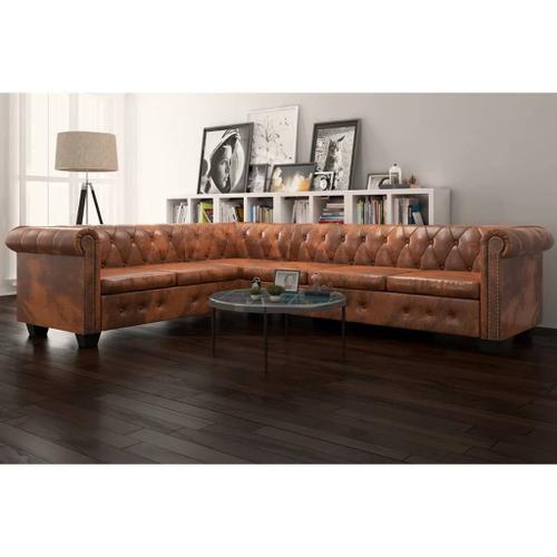 Canapé D'angle Chesterfield 6 Places Cuir Artificiel Marron