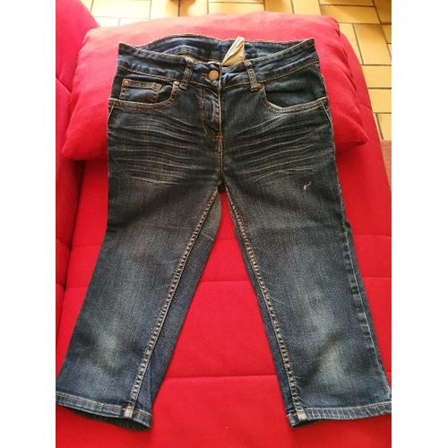 Pantacourt Type Jean Bleu Marine Coupe Droite Camaïeu Motif Plis Sur Les Cuisses Sous Les Poches Taille 16 Ans Ou 36