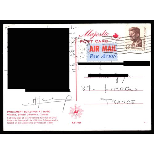 Timbre Usa États-Unis 1967 Yvert Et Tellier N°820 + Vignette Air Mail Oblitéré 1971 Sur Carte Postale "Parliament Buildings At Dusk" Canada 10,8/15cm