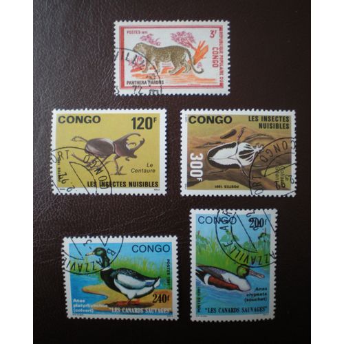 Lot De 5 Timbres Oblitérés - Congo - Animaux - Panthère, Insectes Nuisibles Et Canards Sauvages