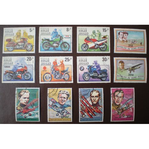 Lot De 12 Timbres Oblitérés - Guinée-Bissau - Guiné-Bissau - Centenaire De La Motocyclette Et Histoire De L'aviation - Motos, Avions Et Aviateurs