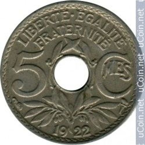 France = Pièce De 5 Centimes, Type Lindauer Trouée, En Cupronickel, Année 1922