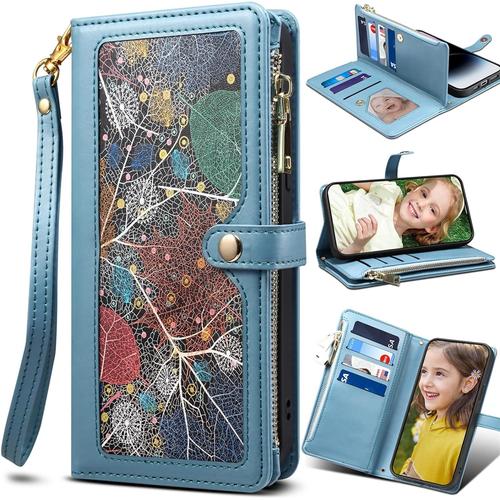 Motif Feuille Étui Pour Samsung Galaxy A31, Avec Fermeture Magnétique, Housse Cuir Pour Samsung Galaxy A31-Bleu