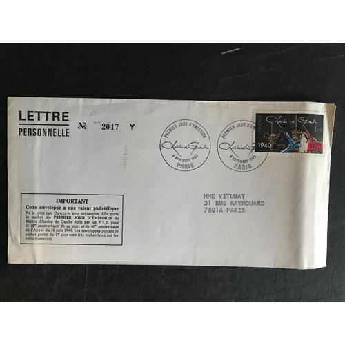 Timbre Charles De Gaulle Enveloppe 1er Jour D'émission 8 Novembre 1980 Numéroté