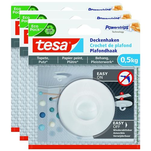 tesa Lot de 3 Crochets Fixation Plafond Adhésif Powerstrips Papier Peint et Plâtre 0,5 kg
