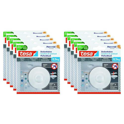 tesa Lot de 10 Crochets Fixation Plafond Adhésif Powerstrips Papier Peint et Plâtre 0,5 kg