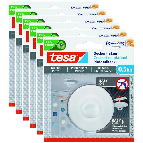 tesa Lot de 6 Crochets Fixation Plafond Adhésif Powerstrips Papier Peint et Plâtre 0,5 kg