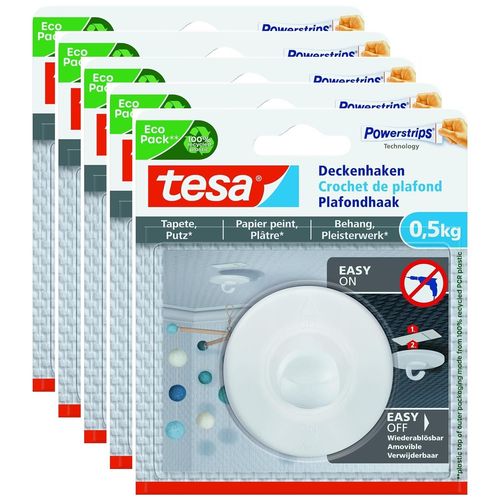 tesa Lot de 5 Crochets Fixation Plafond Adhésif Powerstrips Papier Peint et Plâtre 0,5 kg