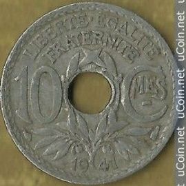 France = Pièce De 10 Centimes Lindauer, De 1941, Variété B : Pas De Point Avant Et Après La Date Et Centimes Soulignés.