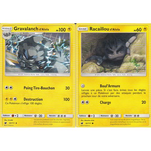 2 Cartes Pokemon - Gravalanch D'alola 33/111 Et Racaillou D'alola - 32/111 Soleil Et Lune 4 Invasion Carmin