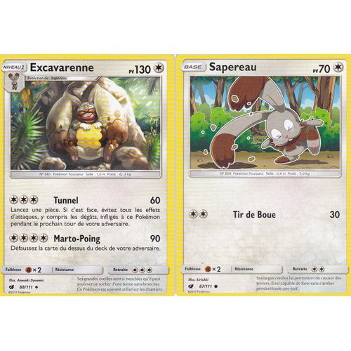 2 Cartes Pokemon - Excavarenne 88/111 Et Sapereau 87/111 - Soleil Et Lune 4 Invasion Carmin