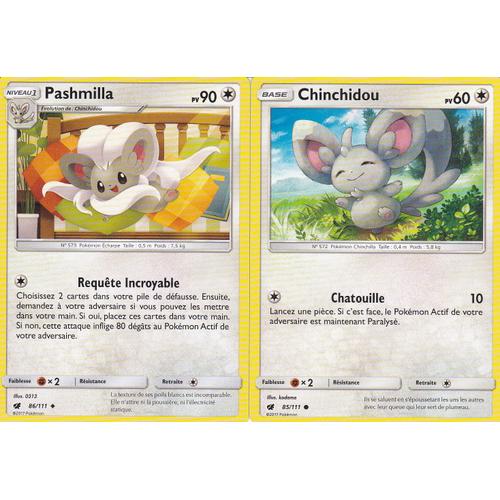 2 Cartes Pokemon - Pashmilla 86/111 Et Chinchidou 85/111 - Soleil Et Lune 4 Invasion Carmin