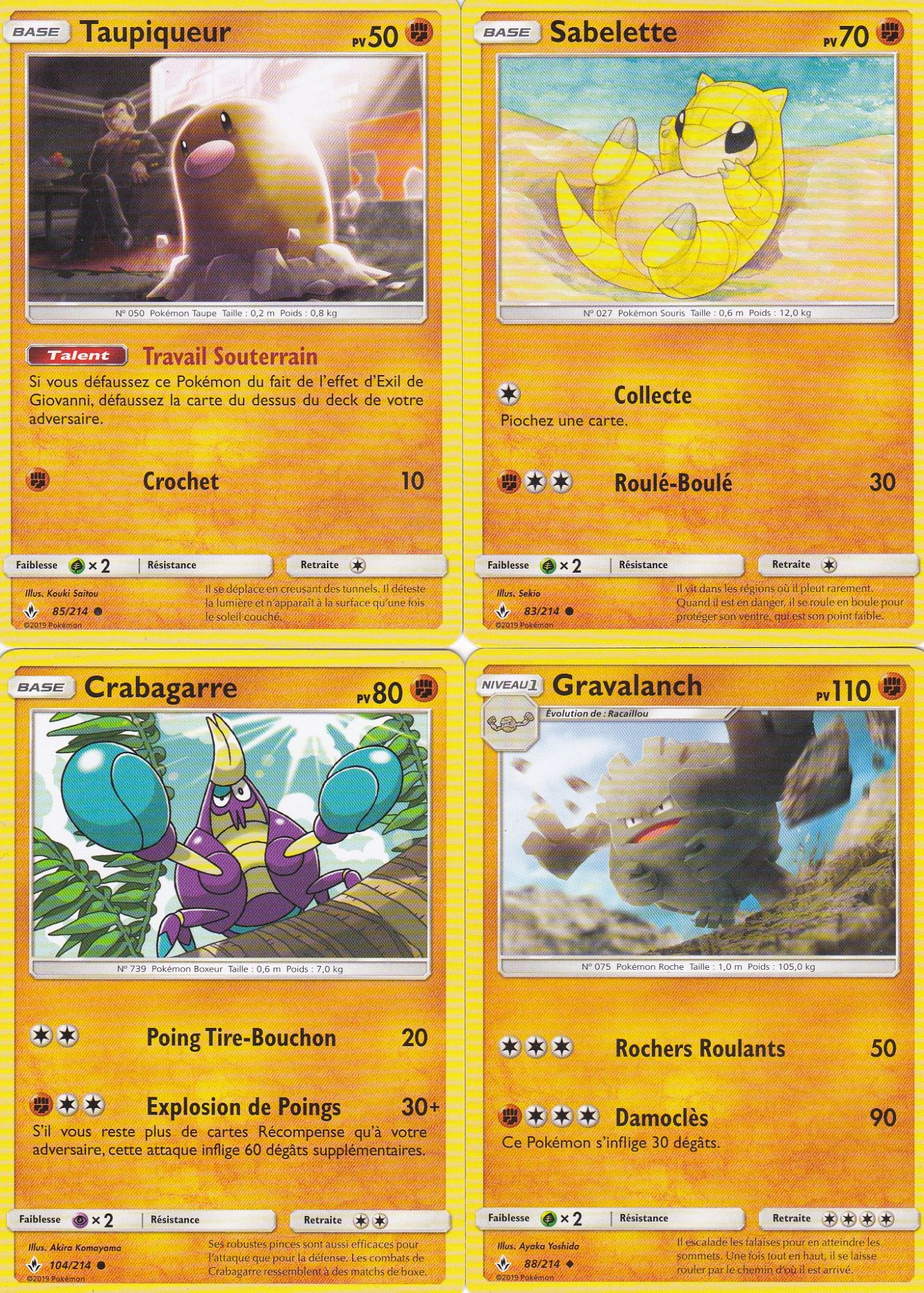 4 Cartes Pokemon - Gravalanch 88/214 - Crabagarre 104/214 - Sabelette 83/214 - Taupiqueur 85/214 - Soleil Et Lune 10 Alliance Infaillible