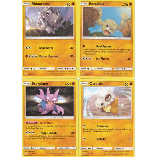4 Cartes Pokemon - Scorplane 98/214 - Rhinocorne 93/214 - Osselait 90/214 - Racaillou 87/214 - Soleil Et Lune 10 Alliance Infaillible