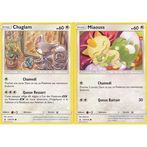 2 Cartes Pokemon - Chaglam 159/214 Et Miaouss 147/214 - Soleil Et Lune 10 Alliance Infaillible