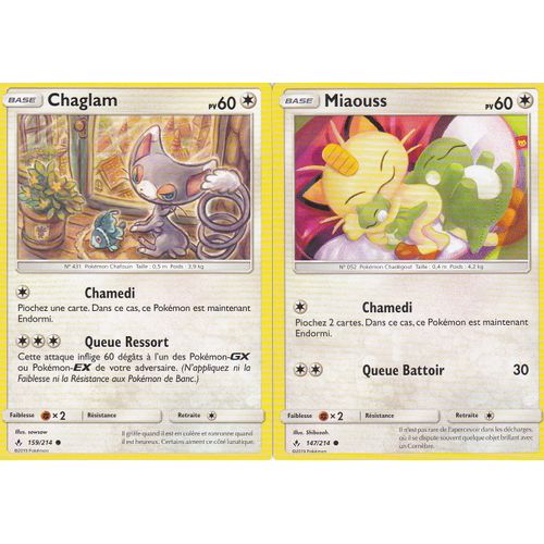 2 Cartes Pokemon - Chaglam 159/214 Et Miaouss 147/214 - Soleil Et Lune 10 Alliance Infaillible