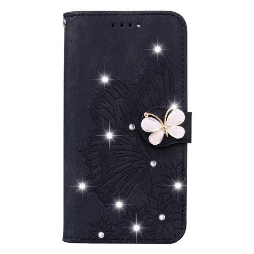 Étui Pour Samsung Galaxy S22 Plus Étui À Rabat Bicelle De Protection Avec Support De Fente Pour Carte Grand Papillon Avec Diamants Portefeuille En Cuir - Noir