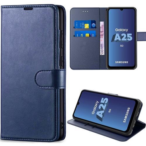 Coque Pour Samsung Galaxy A25 5g, Coque Antichoc En Cuir Pu Avec Fentes Pour Cartes Et Support Réglable, Bleu Marine - E.F.Connection