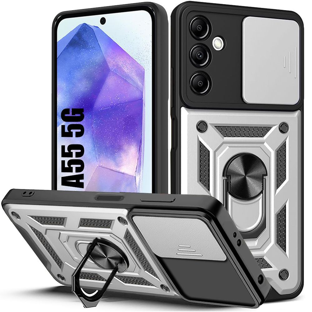 Coque Pour Samsung Galaxy A55 5g, Argenté, Protection Antichoc En Pc + Tpu Avec Support De Voiture À Anneau 360 ° Rotatif - E.F.Connection