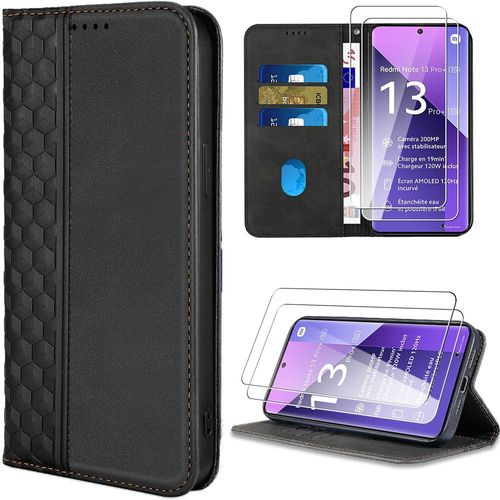 Coque + 2 Verres Trempés Pour Xiaomi Redmi Note 13 Pro+ 5g / Note 13 Pro Plus 5g, Motif Treillis Effet Cuir Avec Porte-Cartes, Noir - Booling