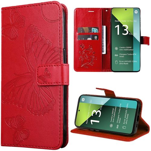 Coque Pour Xiaomi Redmi Note 13 Pro 5g (Pas Pour 4g), Rouge, Antichoc En Simili Cuir Avec Porche À Cartes Et Support, Motif Papillon - Booling