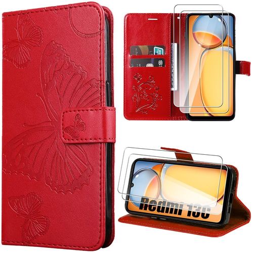 Coque Pour Xiaomi Redmi 13c, Rouge, Cuir Pu À Motif Papillon Et Tpu Avec Portefeuilles Et Support + 2 Verres Trempés - Booling