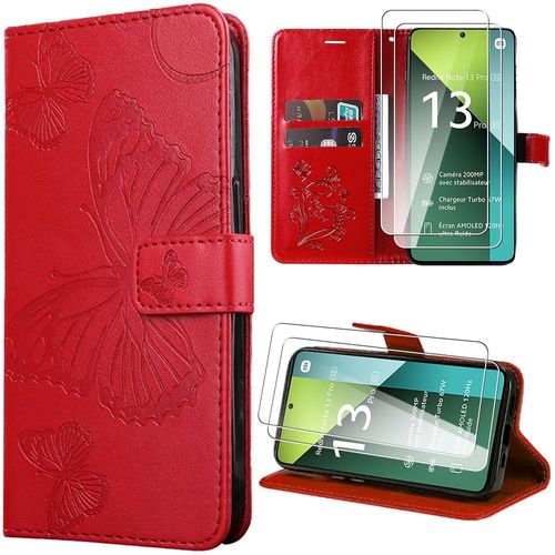 Coque Pour Xiaomi Redmi Note 13 Pro 5g (Pas Pour 4g) - Rouge - Effet Cuir À Motif Papillon Avec Béquille Réglable + 2 Verres Trempés - Booling