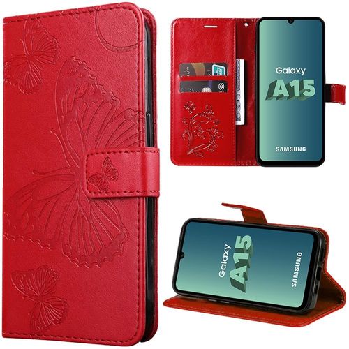 Coque Pour Samsung Galaxy A15 4g/5g - Rouge - Motif Esthétique Cuir Pu Et Antichoc Tpu, Fentes Pour Cartes Et Support Réglable - Booling