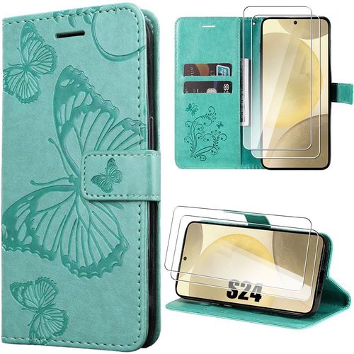 Coque Pour Samsung Galaxy S24 Avec 2 Verres Trempés, Simili Cuir À Motif Papillon Imprimé Avec Porte-Cartes Et Support, Vert - Booling