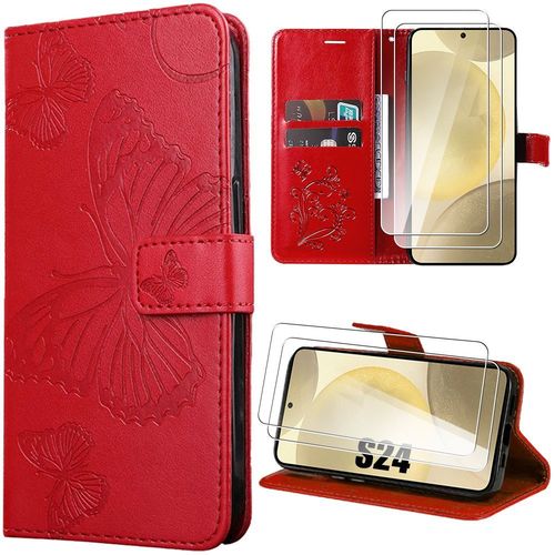 Coque Pour Samsung Galaxy S24 Avec 2 Verres Trempés, Antichoc En Cuir Pu Et Tpu Avec Béquille Réglable, Motif Papillon, Rouge - Booling