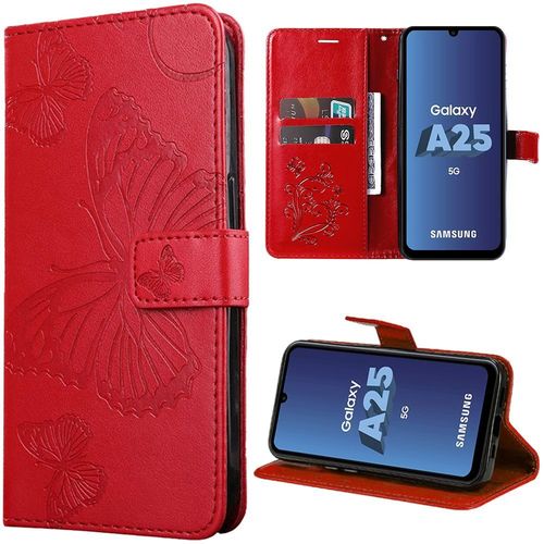 Coque Pour Samsung Galaxy A25 5g, Style Embossé En Cuir Pu, Antichoc Avec Porte-Cartes Et Support, Motif Papillon - Rouge - Booling