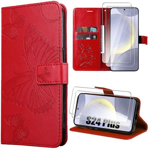Coque + 2 Verres Trempés Pour Samsung Galaxy S24 Plus (S24+), Cuir Pu À Motif Papillon Et Tpu Avec Porte-Cartes, Rouge - Booling