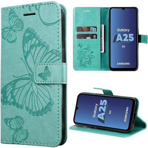 Coque Pour Samsung Galaxy A25 5g - Vert - Antichoc En Simili Cuir Et Tpu Avec Porche À Cartes Et Support, Motif Papillon - Booling
