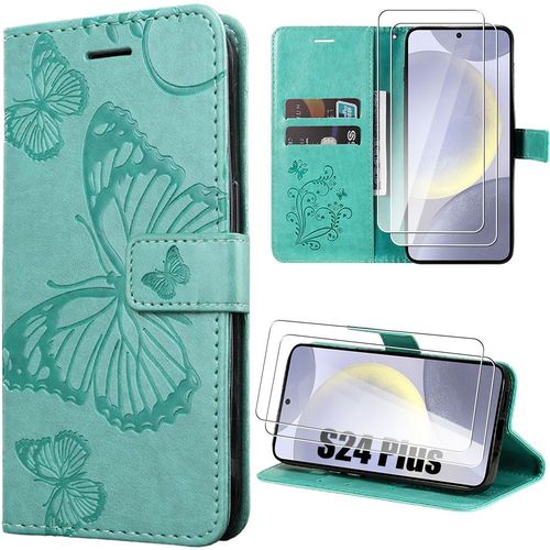 Coque Pour Samsung Galaxy S24 Plus (S24+) Et 2 Verres Trempés, Simili Cuir À Motif Papillon Avec Béquille - Vert - Booling