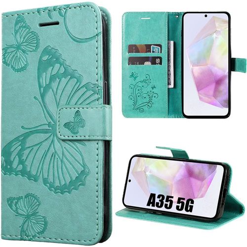 Coque Pour Samsung Galaxy A35 5g, Effet Cuir À Motif Papillon Embossé Avec Porte-Cartes Et Fonction De Support - Vert - Booling